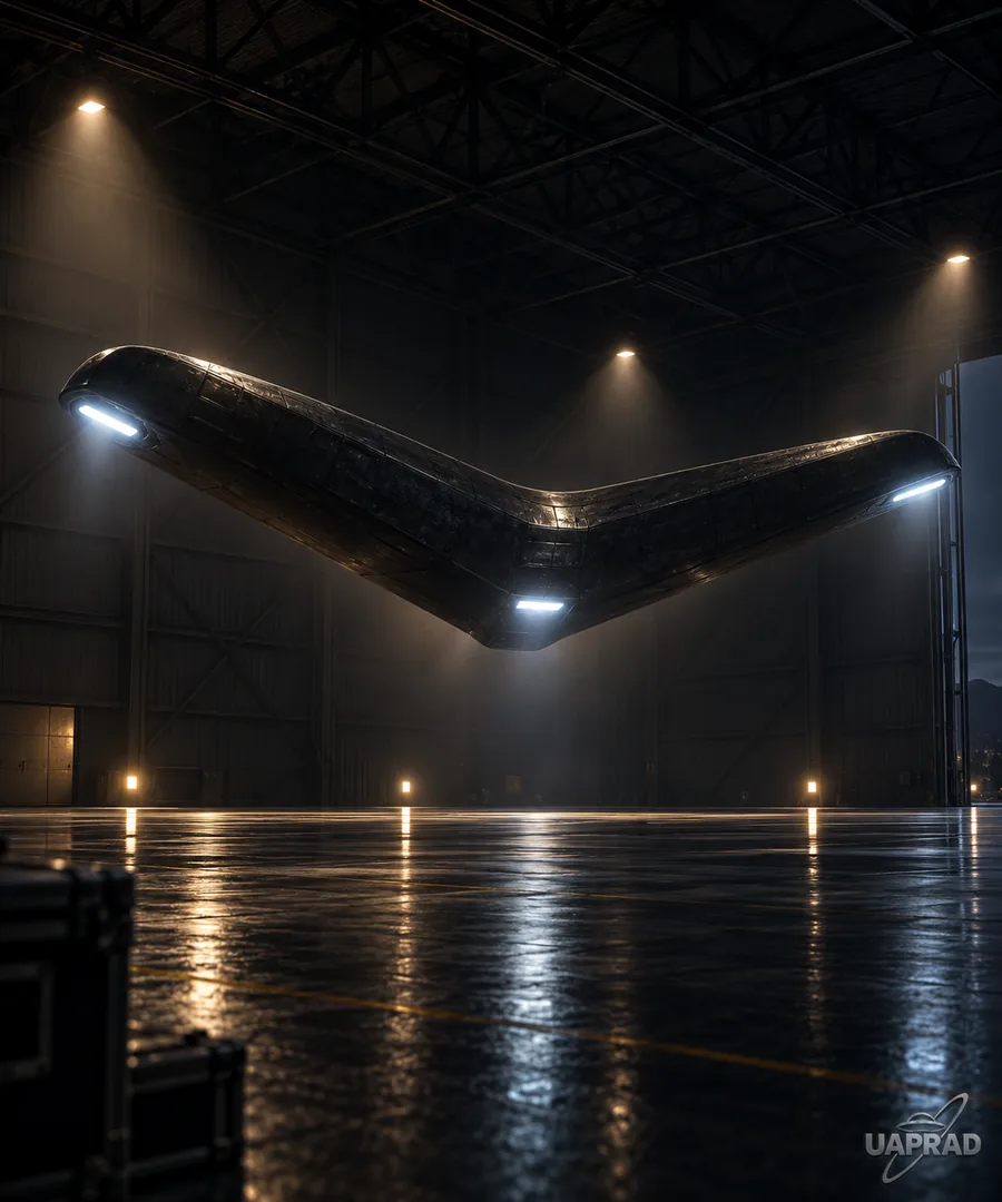 Stylised illustration of a boomerang or chevron-shaped reported object in a hangar