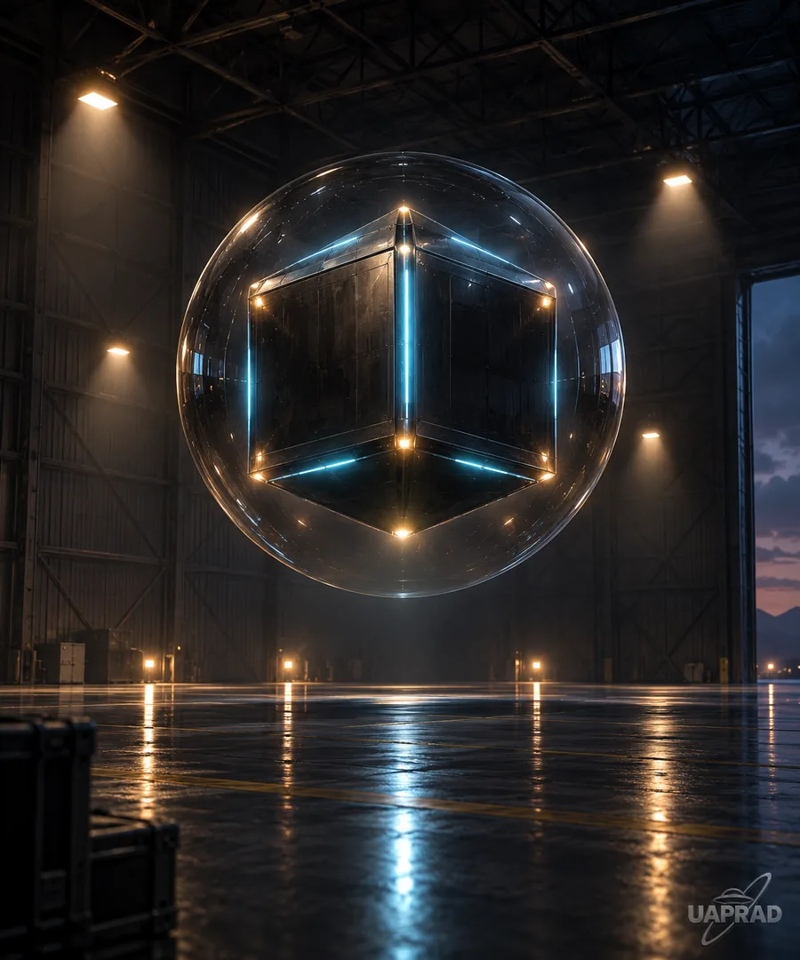 Stylised illustration of a cube enclosed by a transparent sphere in a hangar