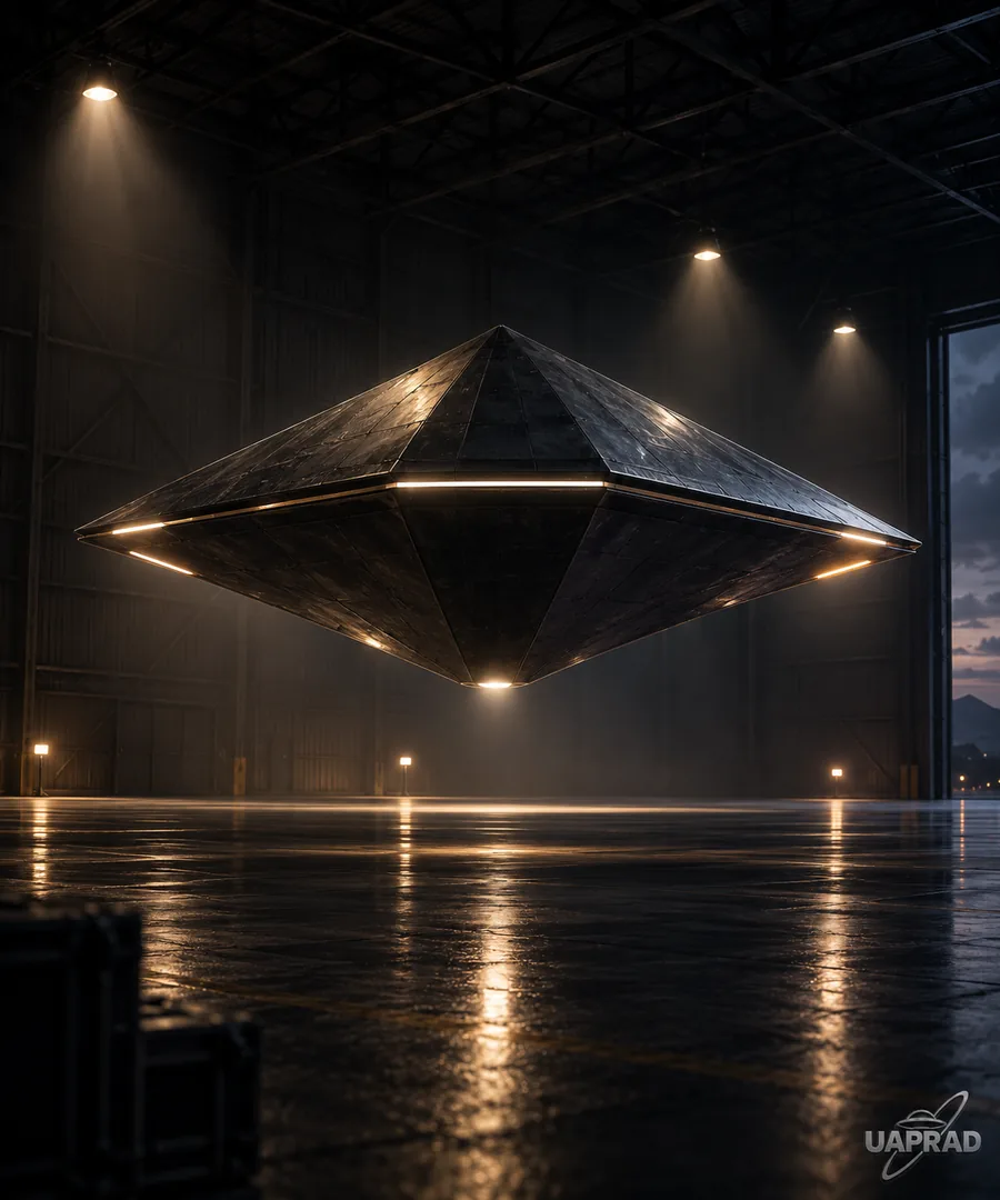 Stylised illustration of a diamond-shaped angular reported object in a hangar