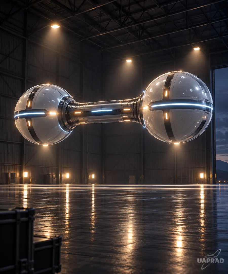 Stylised illustration of a connected dumbbell-shaped reported object in a hangar