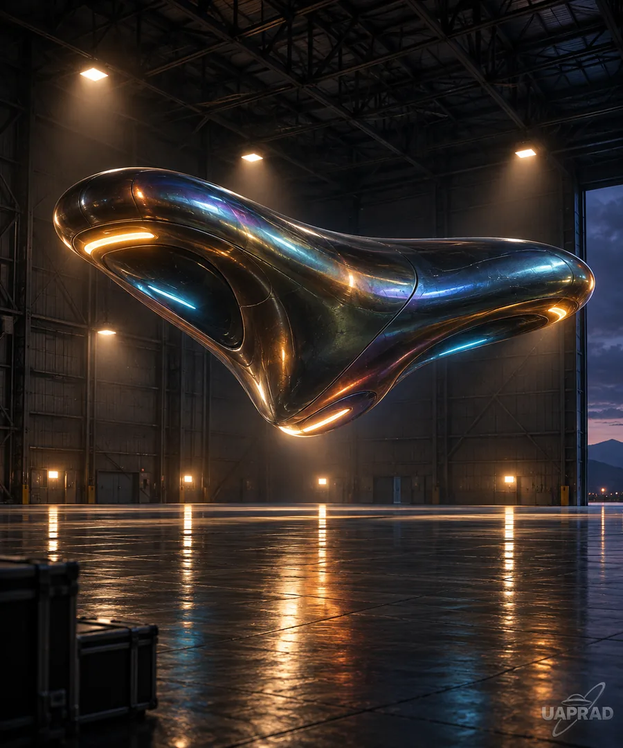 Stylised illustration of an irregular, apparently shape-changing reported object in a hangar