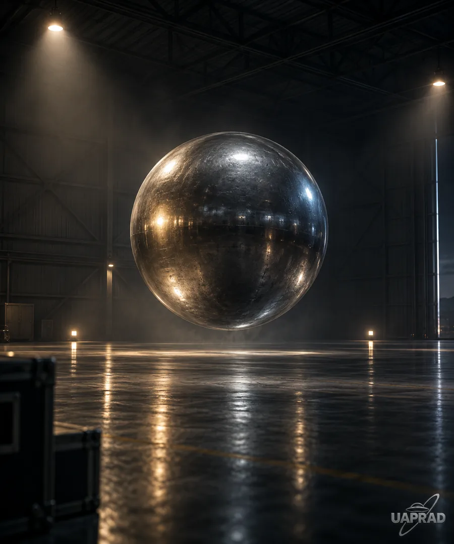Stylised illustration of a spherical reported object in a hangar