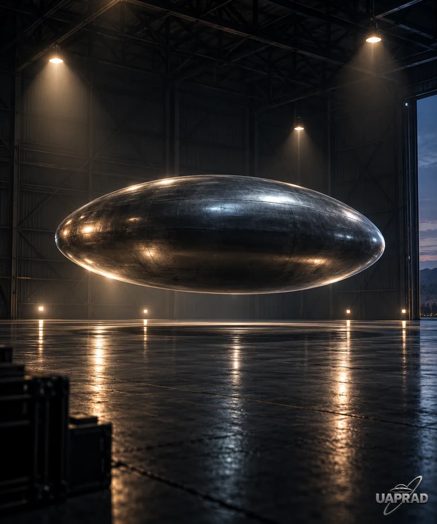 Stylised illustration of an oval or egg-shaped reported object in a hangar