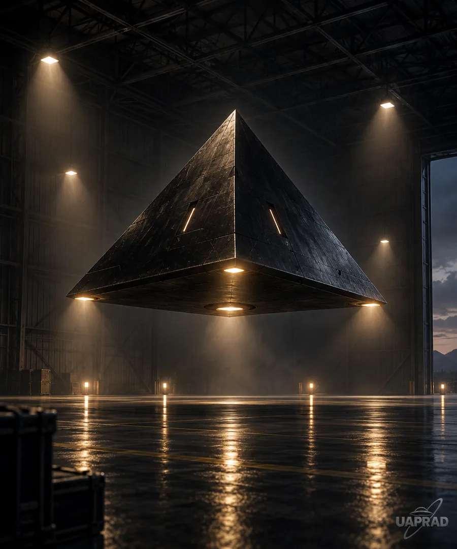 Stylised illustration of a pyramid-shaped reported object in a hangar