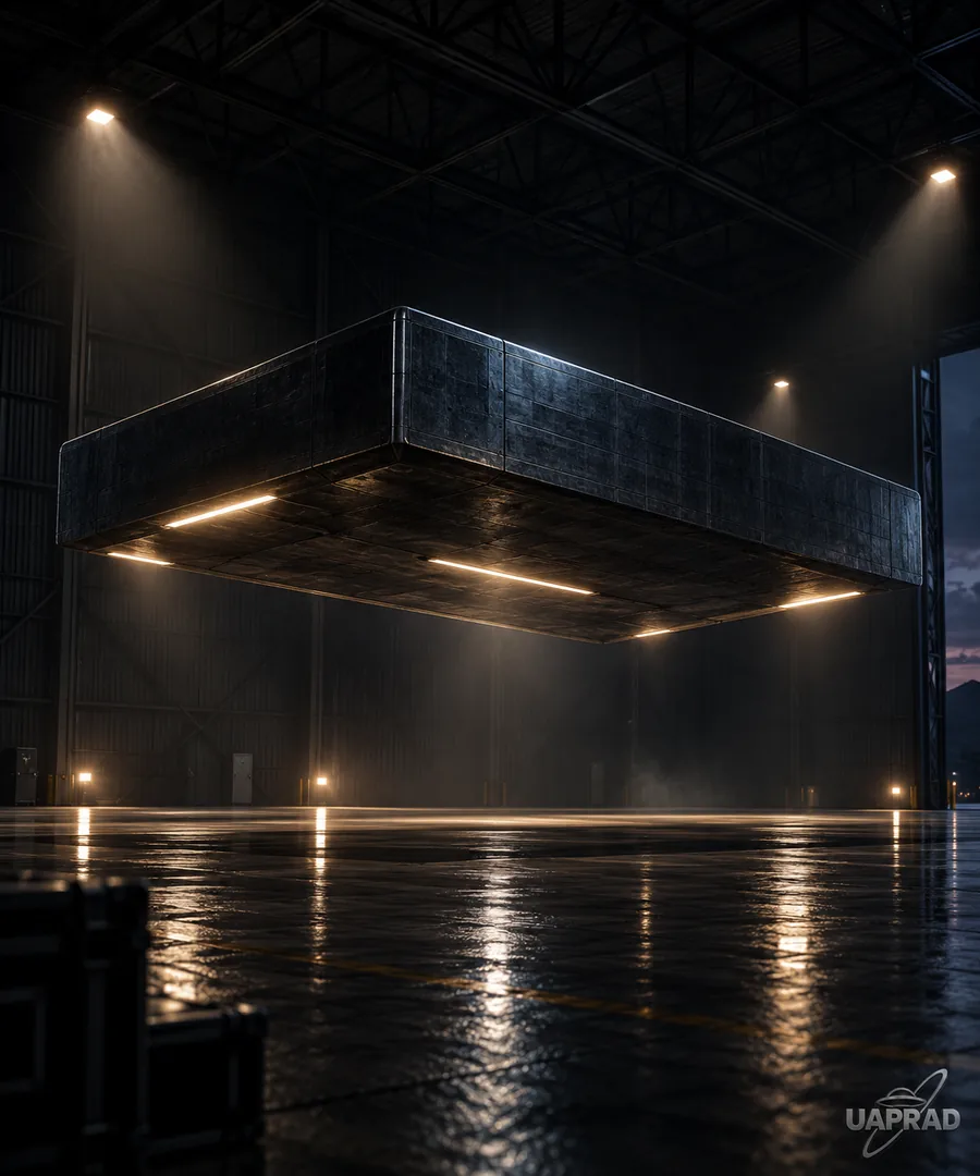Stylised illustration of a rectangular reported object in a hangar