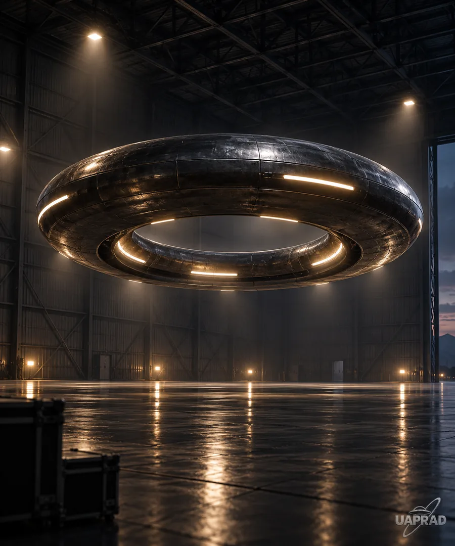 Stylised illustration of a ring or torus-shaped reported object in a hangar