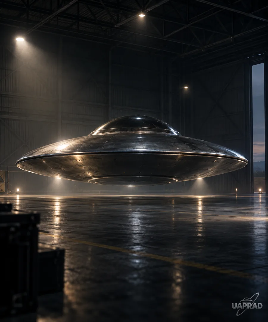Stylised illustration of a disc or saucer-shaped reported object in a hangar