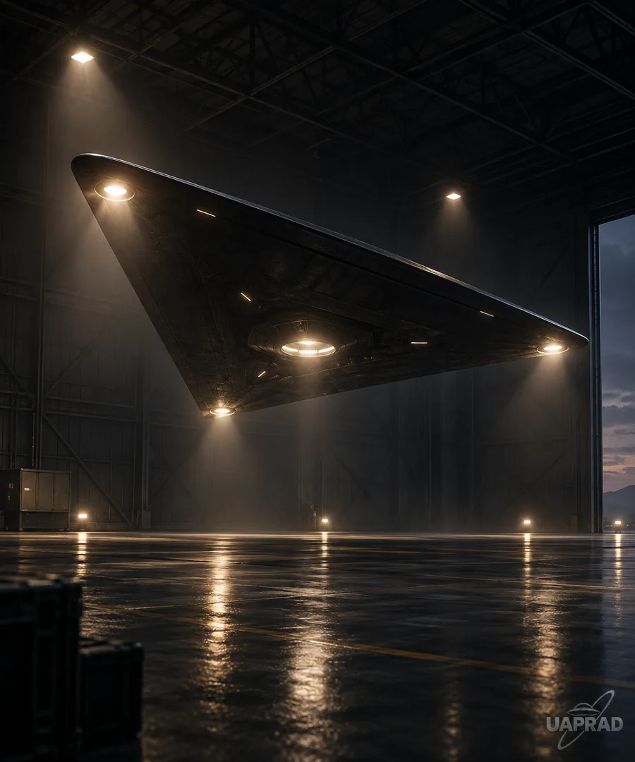 Stylised illustration of a triangular reported object in a hangar
