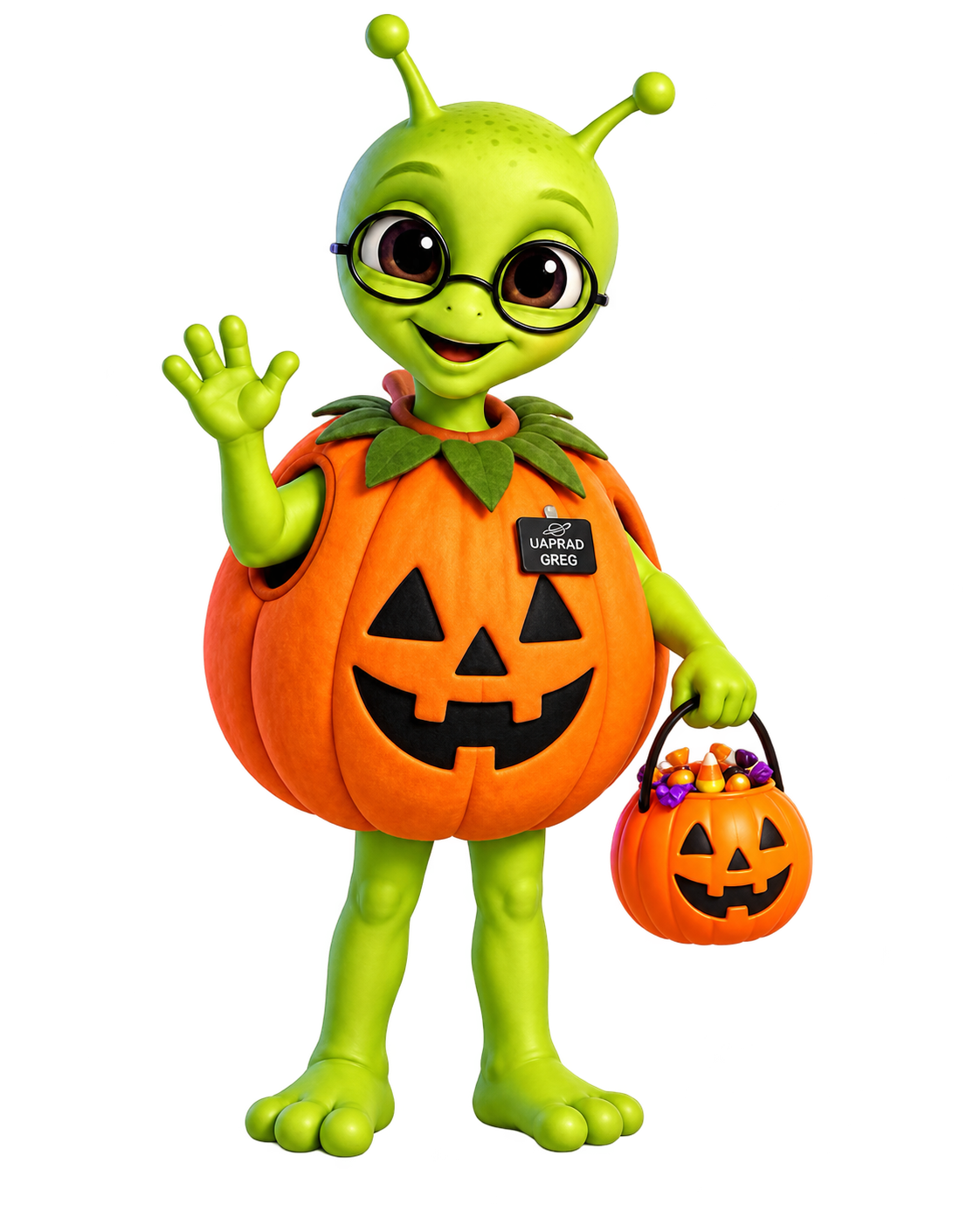 Greg waving in a pumpkin costume, holding his Halloween candy bucket