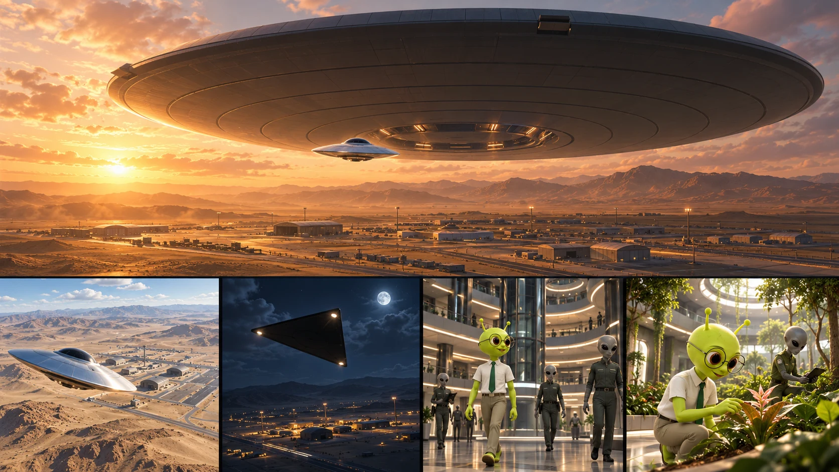 Mothership above the desert range, with scenes of craft flight and ship exploration
